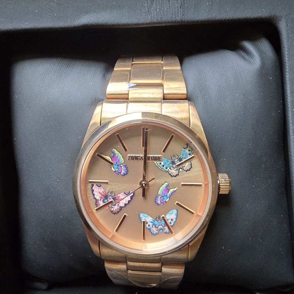 Zadig & Voltaire Rose Gold Watch with Colorful Butterfly Details